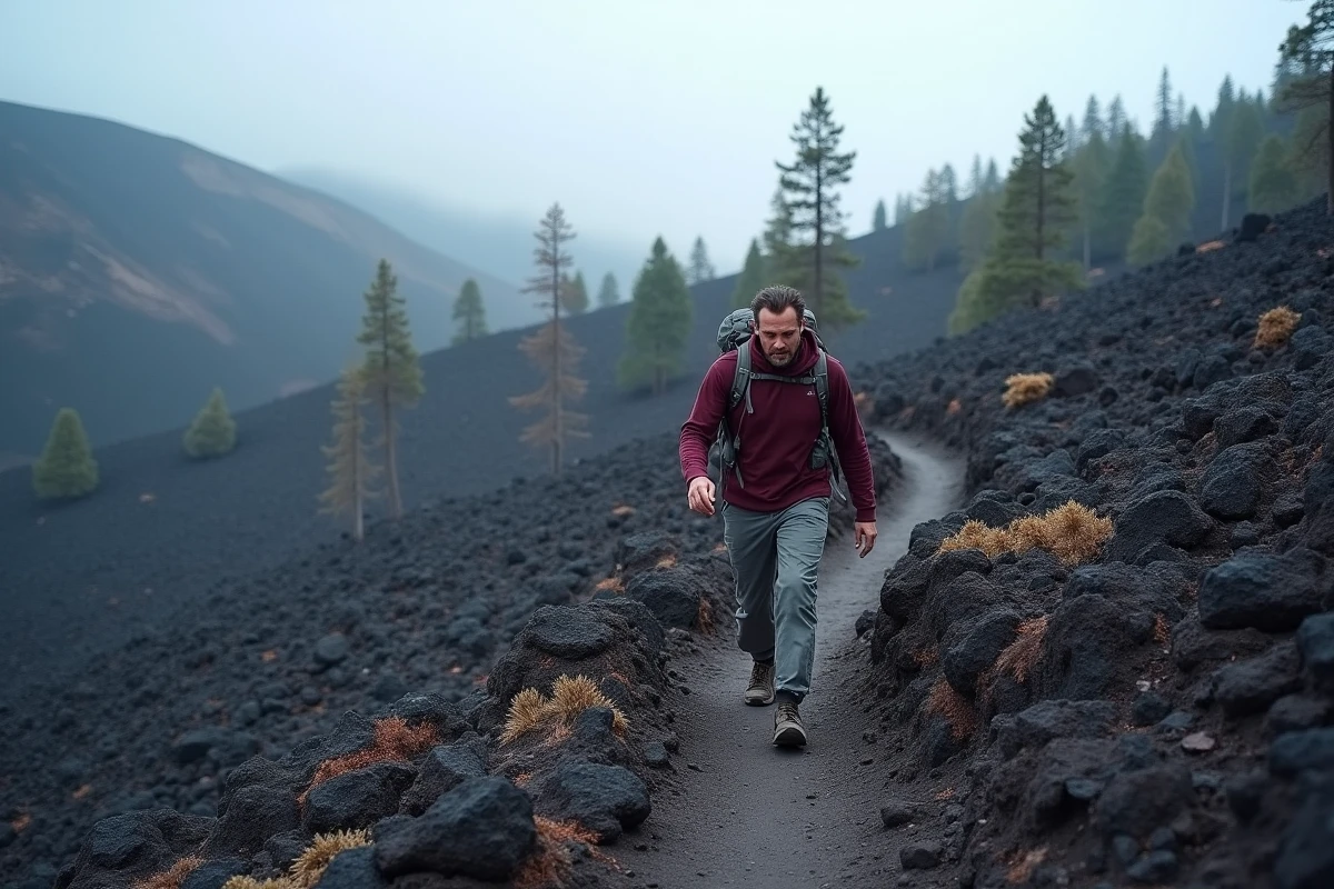 Randonneur marchant sur un sentier de lave solidifiée sur les flancs de l'Etna en Sicile, paysage volcanique sauvage