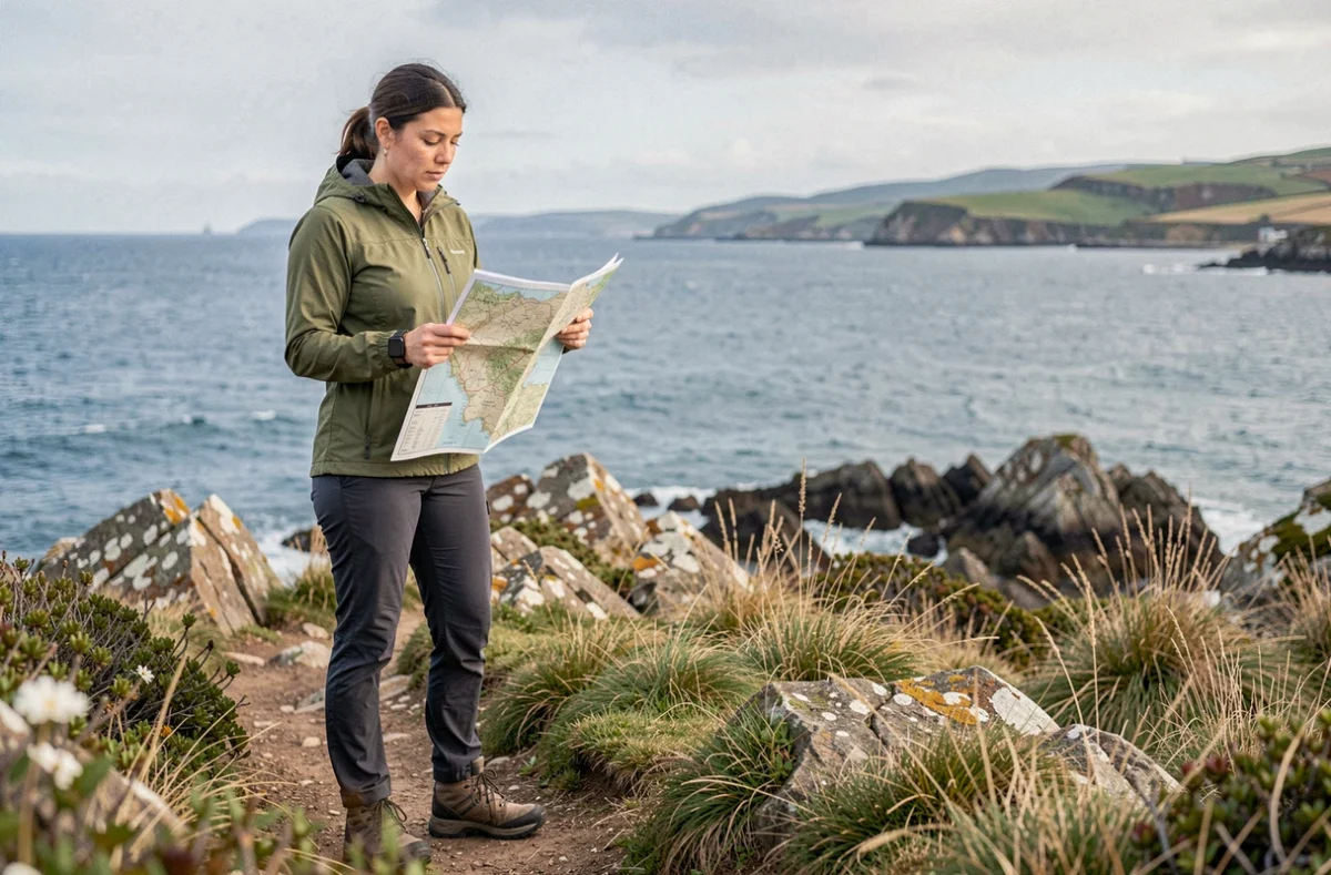 Randonneuse consultant une carte topographique sur le sentier côtier entre Bidart et Hendaye sur la côte basque