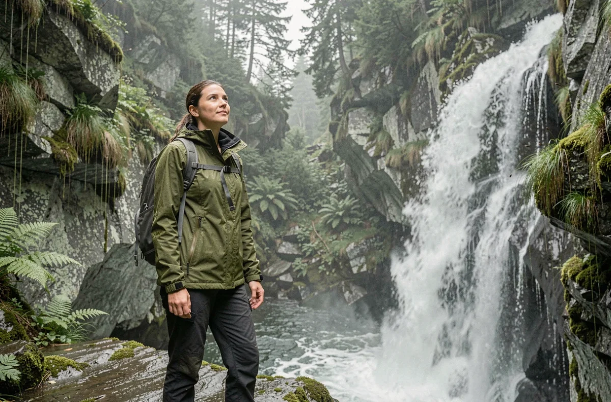 Randonneuse en veste imperméable devant une cascade en Haute-Savoie sous un ciel couvert, ambiance montagne pluvieuse