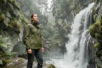 Randonneuse en veste imperméable devant une cascade en Haute-Savoie sous un ciel couvert, ambiance montagne pluvieuse