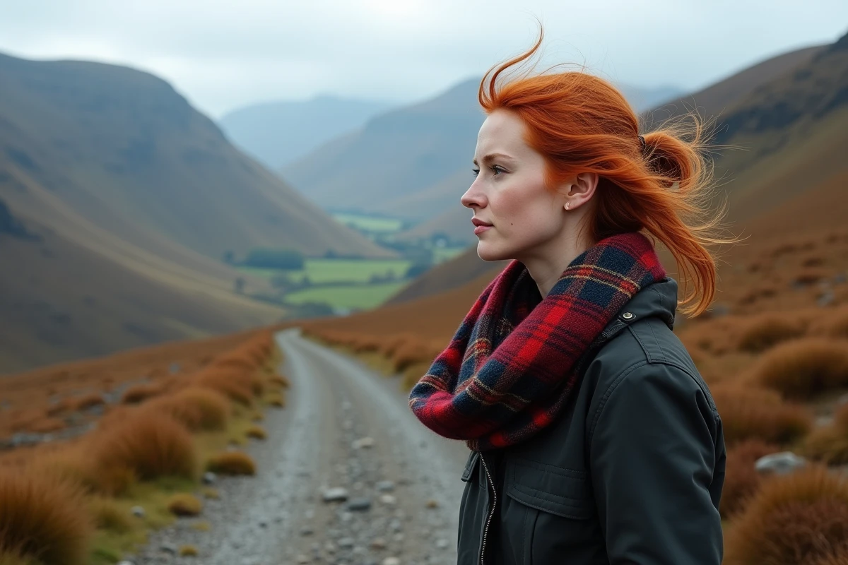 Femme rousse en veste imperméable contemplant un glen écossais depuis un sentier de randonnée dans les Highlands