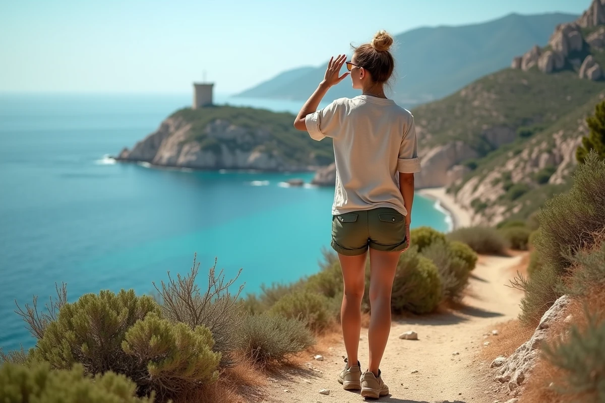 Randonneuse observant la tour génoise de Campomoro depuis un sentier côtier rocheux en Corse