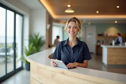 Réception moderne de l'hôtel ibis à Fécamp avec une hôtesse accueillante en uniforme bleu marine