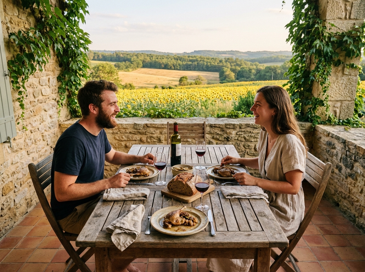 Deux jeunes adultes dégustant un repas traditionnel périgourdin sur la terrasse d'une ferme en Dordogne