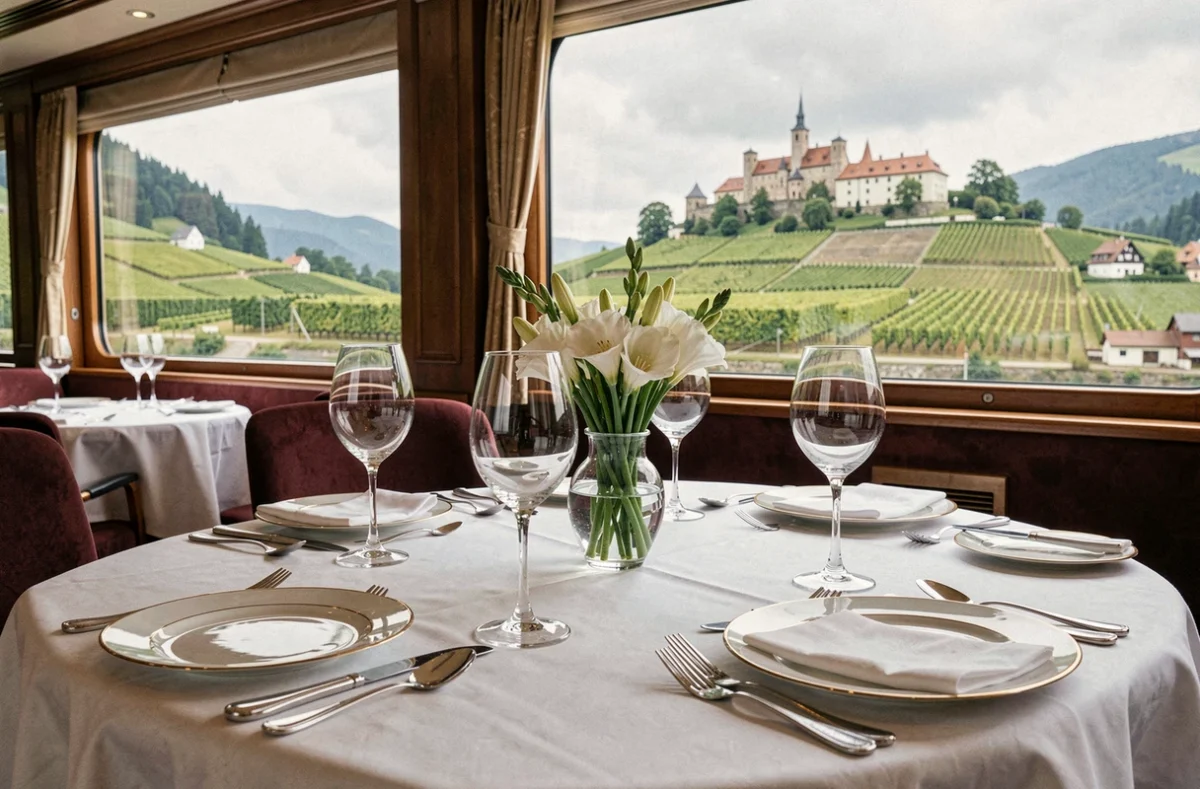 Table de dîner élégamment dressée dans le restaurant d'un bateau de croisière sur le Danube en Autriche