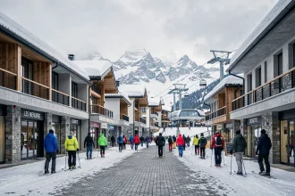 Rue commerçante animée de la Croisette aux Menuires avec remontées mécaniques en arrière-plan en hiver
