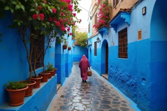 Ruelle bleue de Chefchaouen au nord du Maroc avec une femme en djellaba et des murs en pierre lavés de bleu