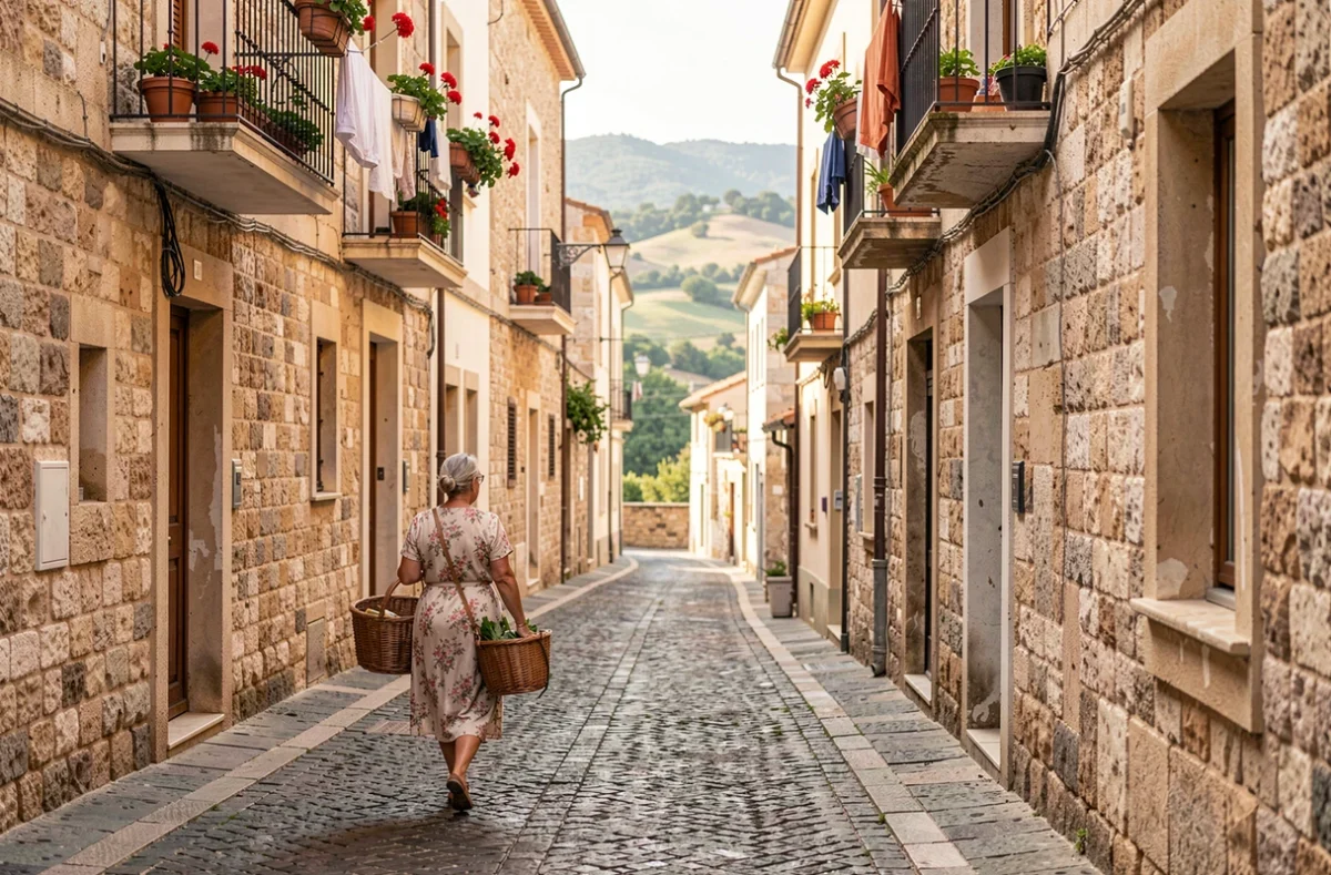 Ruelle pavée de Corleone avec balcons fleuris et vue sur les collines siciliennes