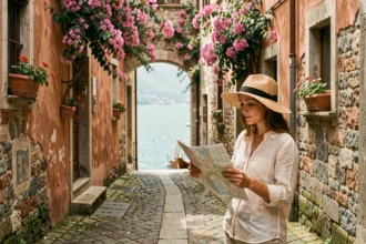 Voyageuse explorant une ruelle médiévale pittoresque d'un village au bord du lac de Garde en Italie