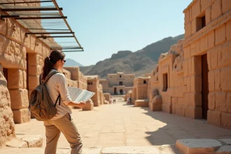 Voyageuse explorant les ruines antiques d'Akrotiri à Santorin lors d'un road trip dans les Cyclades