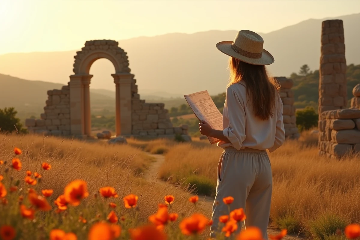 Voyageuse consultant une carte parmi les ruines romaines de Volubilis au nord du Maroc entourée de coquelicots sauvages