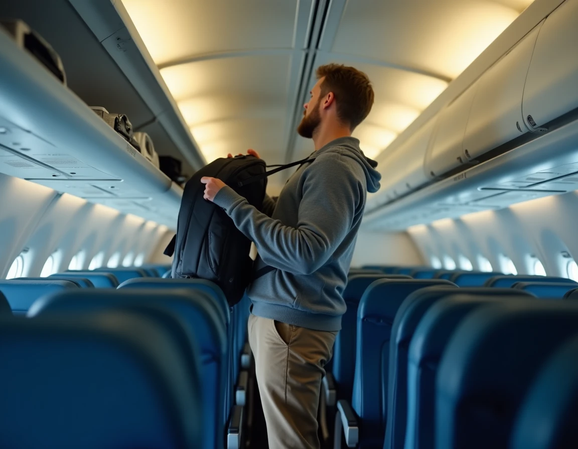 Voyageur rangeant son sac à dos dans le compartiment d'un avion en cabine économique