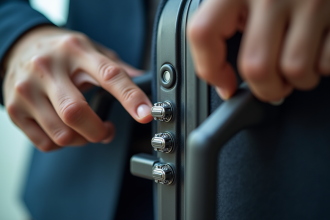 Gros plan d'un cadenas TSA007 en main de voyageur