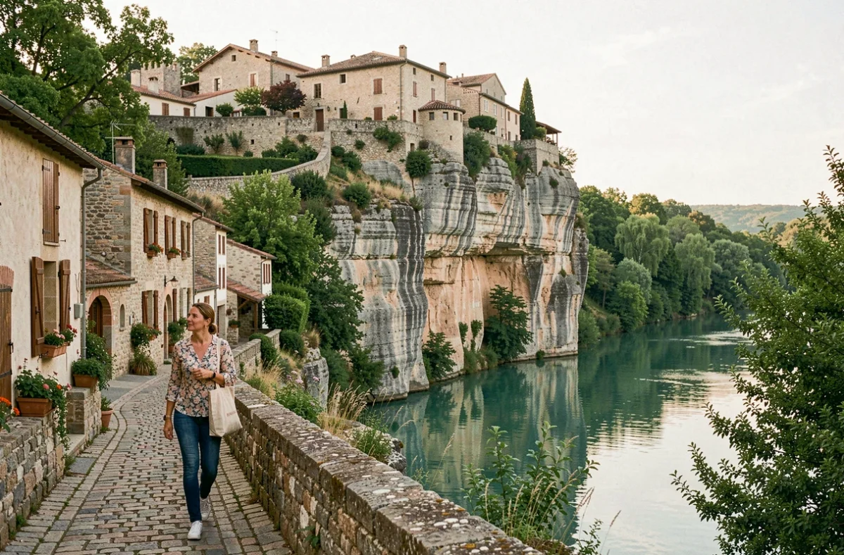 Le village de Saint-Cirq-Lapopie perché sur une falaise calcaire au-dessus de la rivière Lot