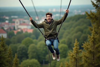 Jeune homme sautant en zipline au-dessus de Prague