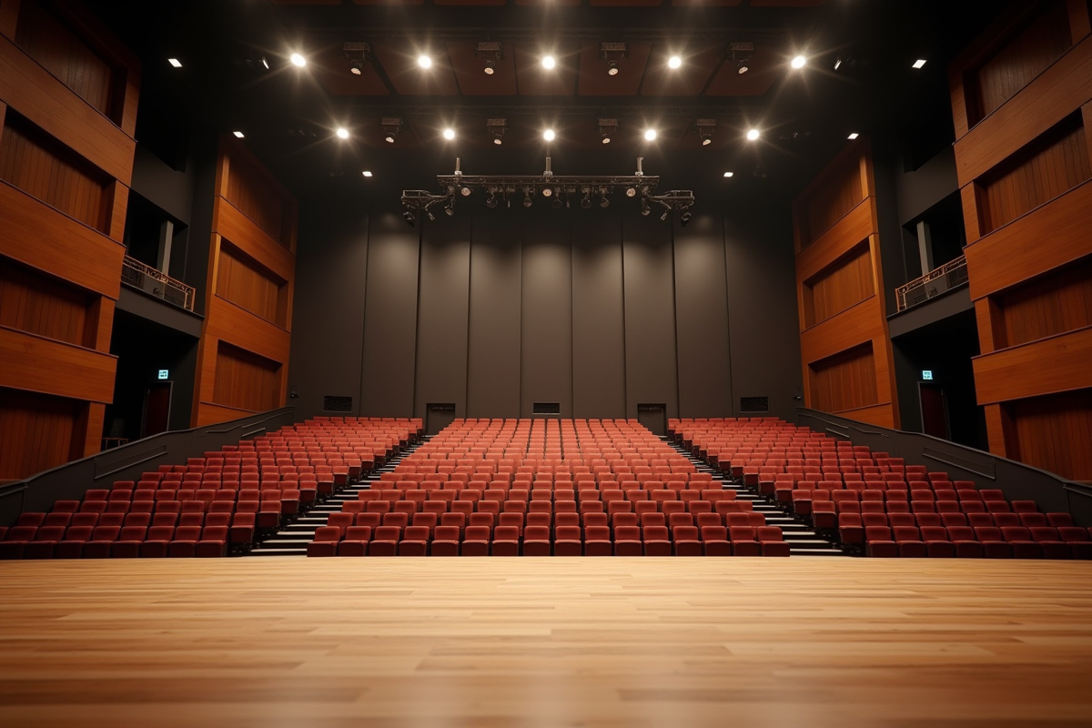 Grande scène vide dans une salle de concert française