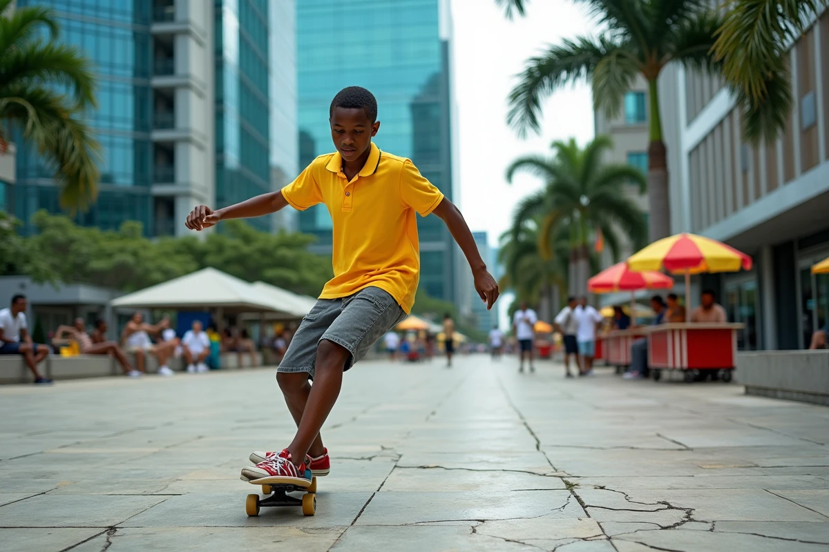 Adolescent jamaïcain en skateboard sur une place urbaine de New Kingston avec des immeubles modernes en arrière-plan