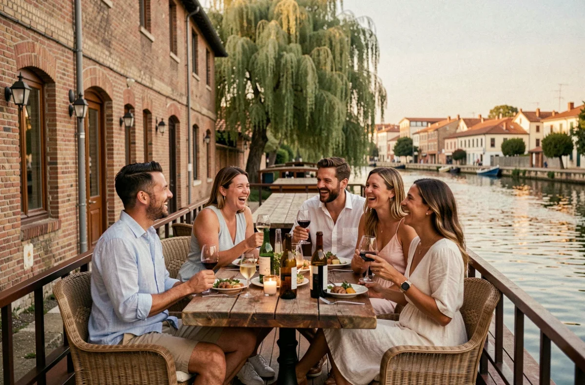 Groupe d'amis profitant d'une soirée festive sur le pont d'une péniche amarrée à Toulouse au bord de la Garonne