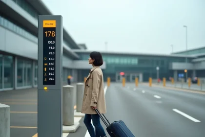 Femme consultant le panneau tarifaire à l'entrée du parking P5 de l'aéroport Toulouse-Blagnac