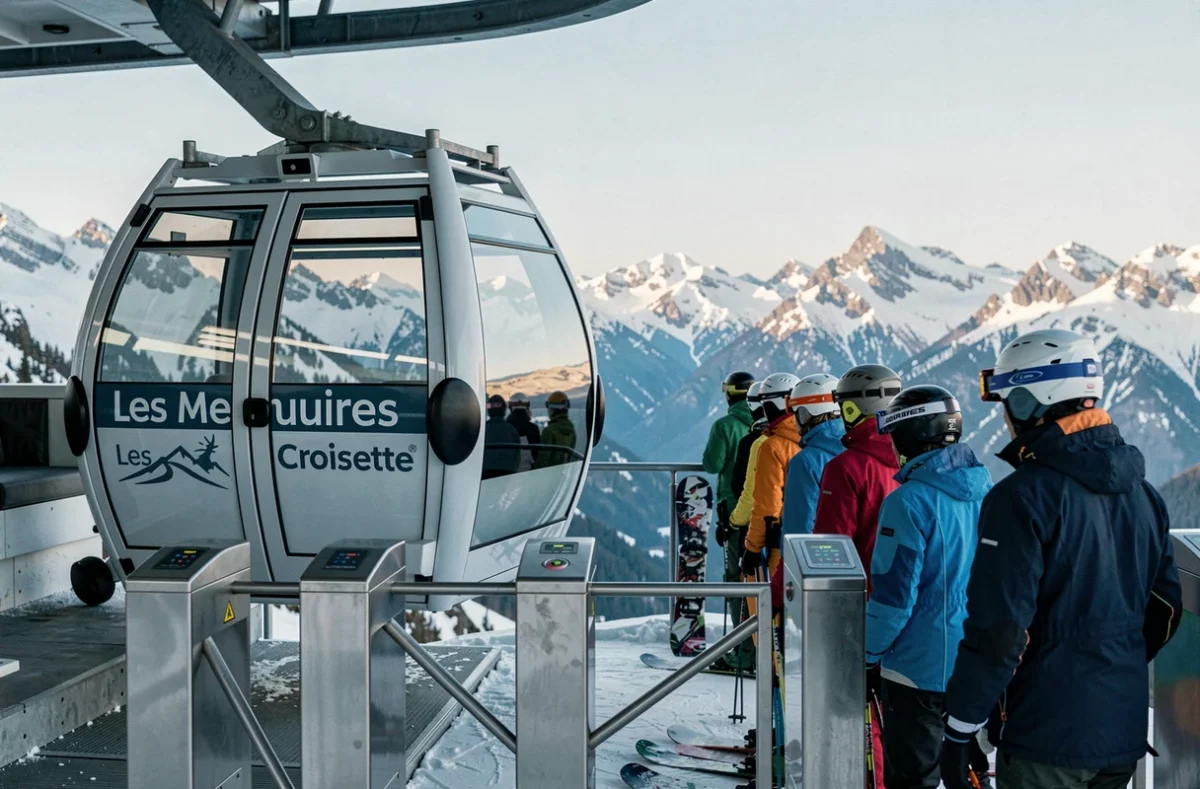 Embarquement en télécabine à la Croisette des Menuires avec skieurs en file d'attente et sommets enneigés