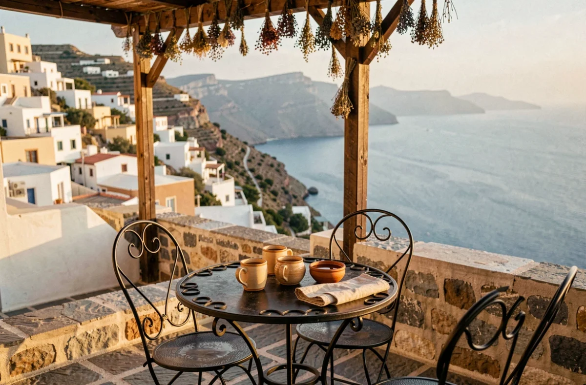 Terrasse d'une maison d'hôtes à Folégandros avec petit-déjeuner traditionnel et vue sur les toits blancs et la baie