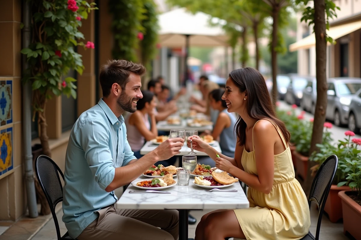 Couple attablé en terrasse d'un restaurant grec traditionnel à Plaka Athènes avec mezze et décoration typique