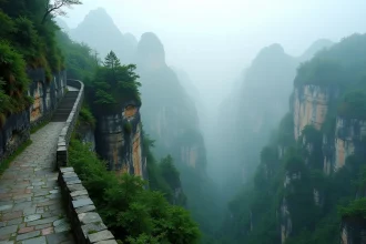Vue panoramique des piliers karstiques de la montagne Tianmen à Zhangjiajie enveloppés dans le brouillard matinal