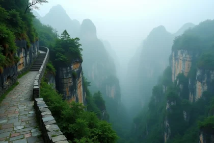 Vue panoramique des piliers karstiques de la montagne Tianmen à Zhangjiajie enveloppés dans le brouillard matinal