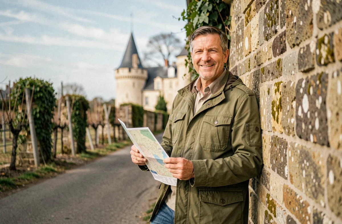 Touriste consultant une carte de la route des vins du Val de Loire près d'Azay-le-Rideau