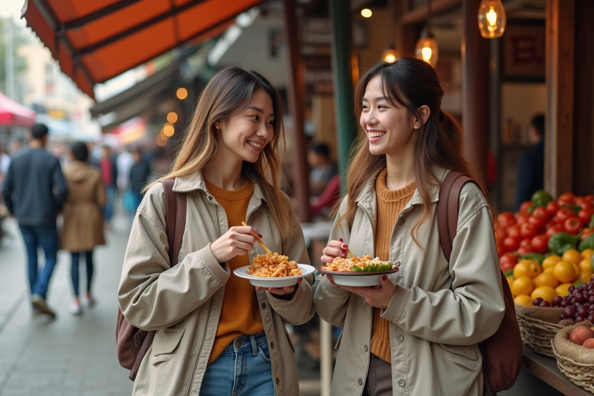 Jeunes touristes dégustant la street food locale