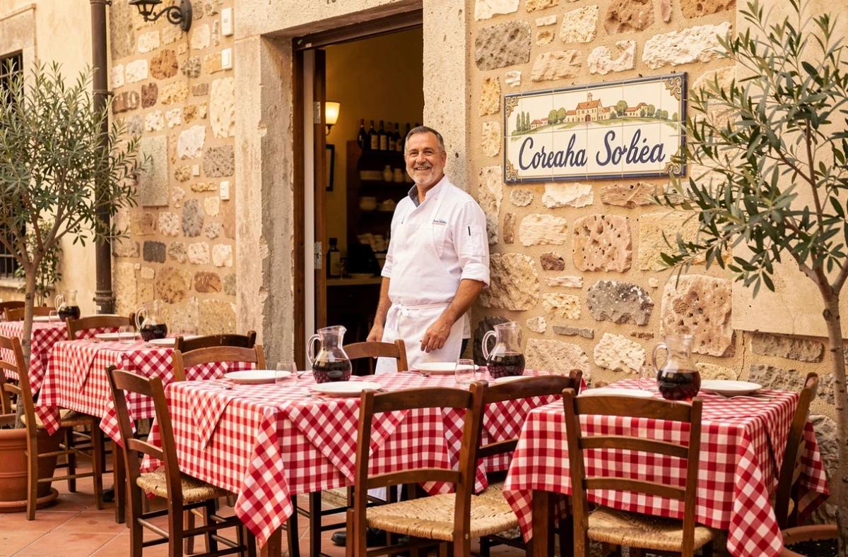 Terrasse d'une trattoria traditionnelle à Corleone avec un chef sicilien souriant à l'entrée