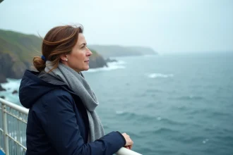 Femme observant la traversée en ferry entre Lorient et l'île de Groix depuis le pont supérieur, vue panoramique sur la mer bretonne