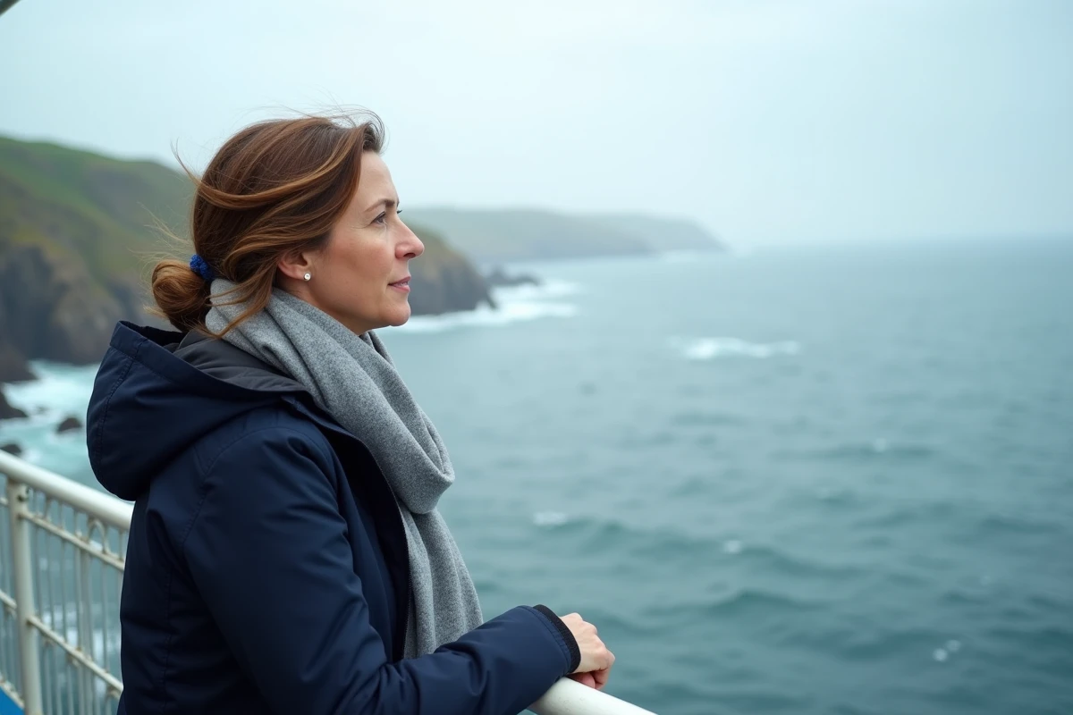 Femme observant la traversée en ferry entre Lorient et l'île de Groix depuis le pont supérieur, vue panoramique sur la mer bretonne