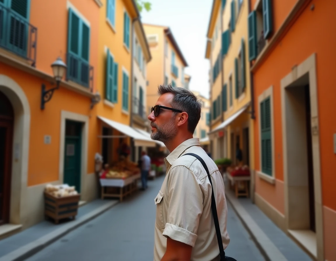 Touriste découvrant les ruelles colorées du Vieux-Nice avec ses façades ocre typiques