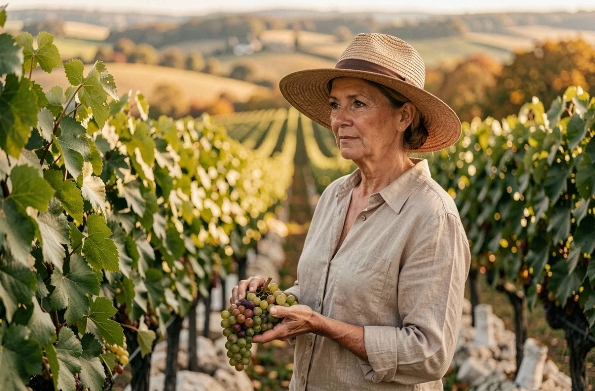 Femme entre les rangées de vignes de Vouvray dans le Val de Loire lors de la route des vins