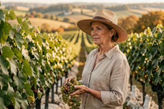 Femme entre les rangées de vignes de Vouvray dans le Val de Loire lors de la route des vins