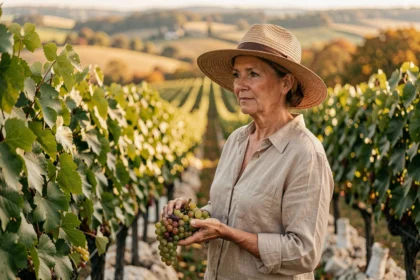 Femme entre les rangées de vignes de Vouvray dans le Val de Loire lors de la route des vins