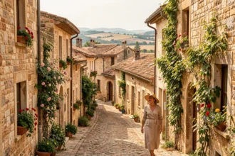 Rue pittoresque d'un village médiéval typique d'Occitanie avec maisons en pierre et toits en tuiles