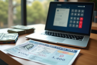 Document de visa américain sur un bureau en bois avec ordinateur et billets