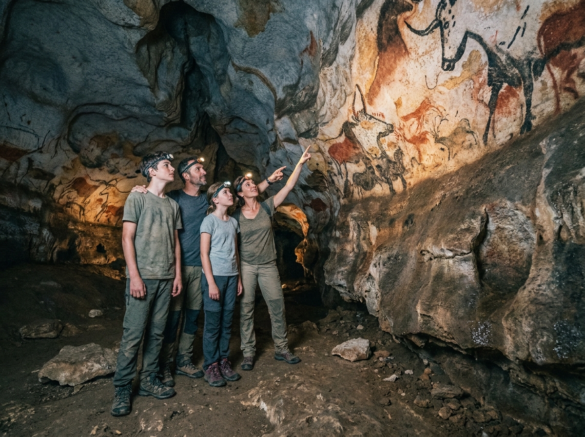 Famille visitant une grotte préhistorique en Dordogne avec peintures rupestres sur paroi calcaire