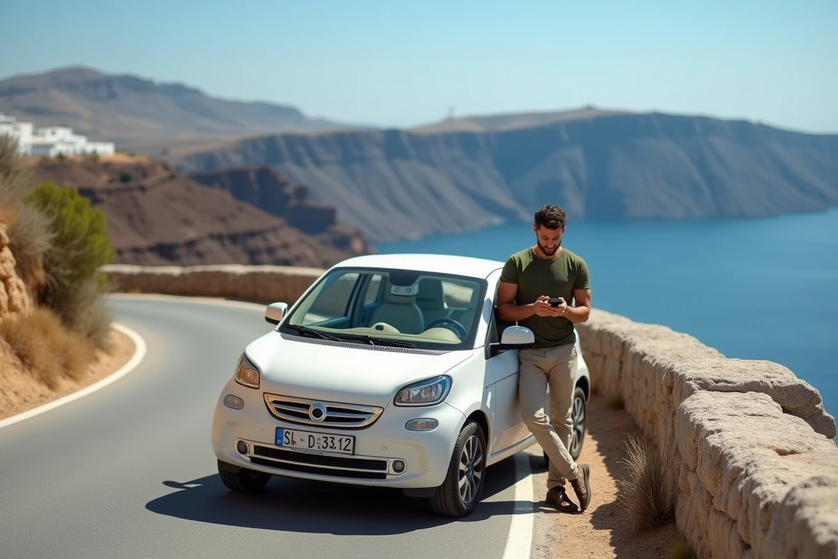 Conducteur en road trip avec voiture de location sur les routes de Santorin en direction d'Akrotiri