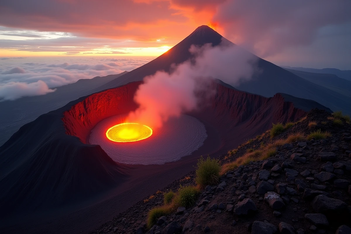 Vue panoramique du volcan Nyiragongo avec son lac de lave incandescent visible depuis le sommet du cratère au crépuscule