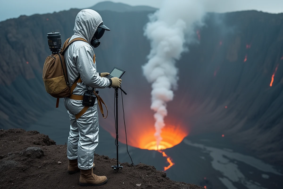 Volcanologue en combinaison de protection mesurant les émissions gazeuses au bord du cratère du Nyiragongo