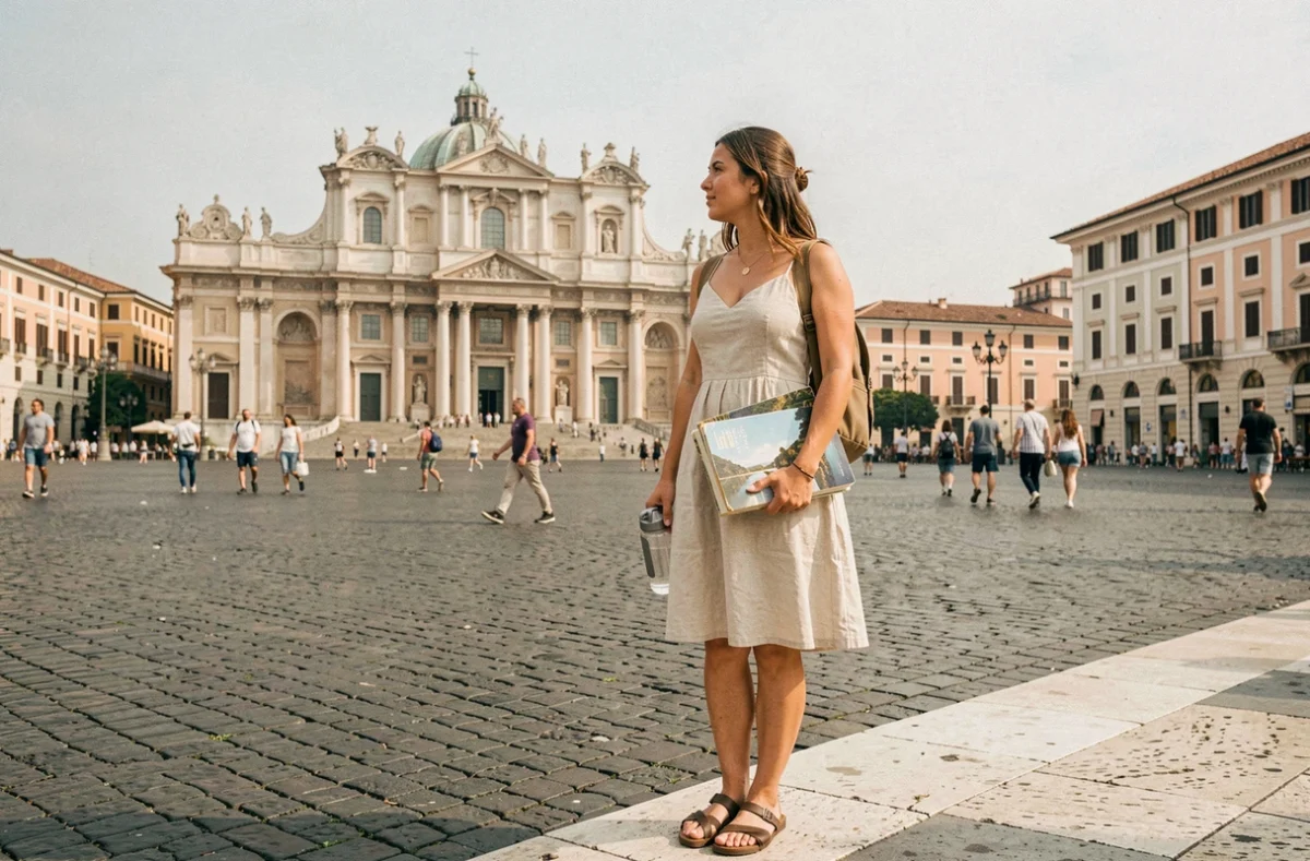 Jeune femme voyageant à petit budget sur la Piazza del Plebiscito à Naples avec un guide de voyage