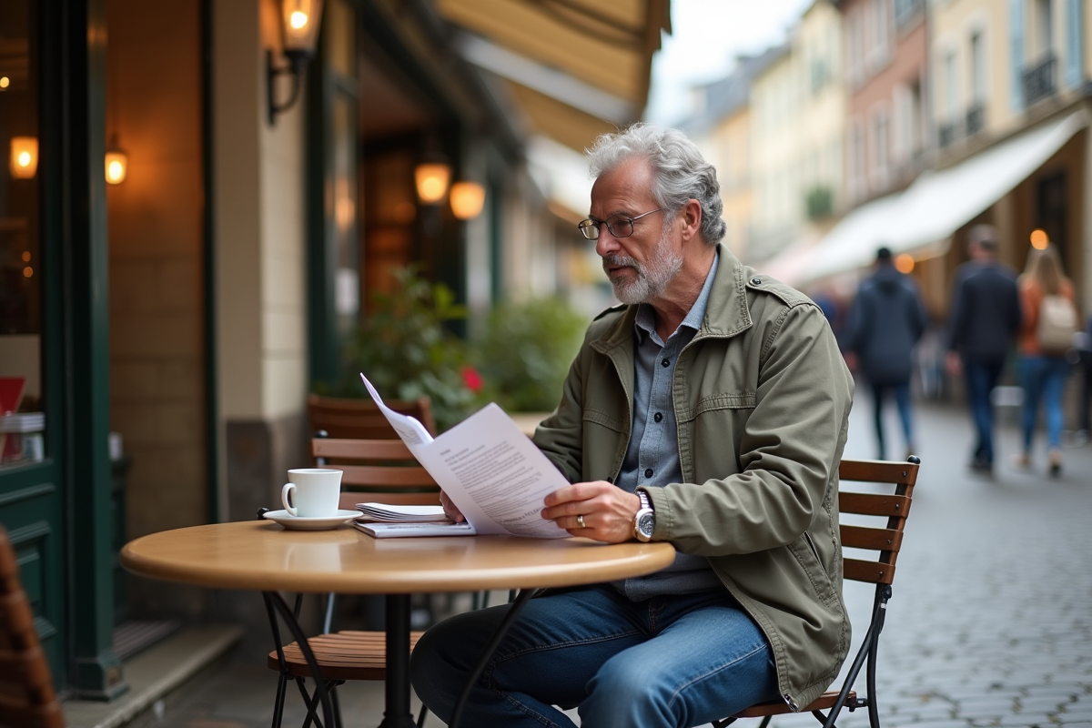 Homme seul vérifiant une facture dans un café en France