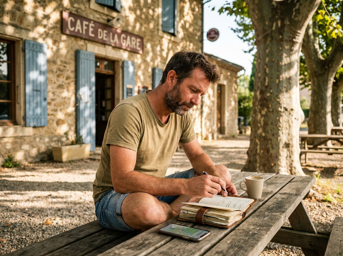 Voyageur consultant son carnet de route dans un café de campagne lors d'un road trip en liberté