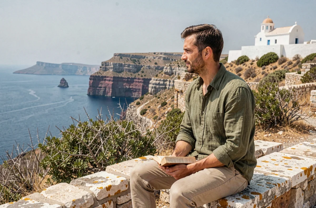 Voyageur contemplant la vue sur les falaises et la mer Égée depuis le village perché de Chora à Folégandros