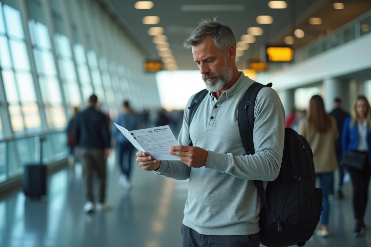 Voyageur comparant des billets d'avion Delta et d'autres compagnies américaines dans un aéroport américain, thème comparaison tarifaire