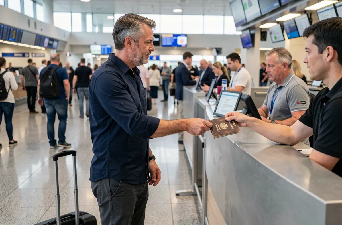 Voyageur présentant son passeport à l'enregistrement d'un aéroport international pour un départ en 2026