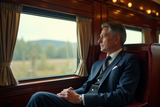 Homme en costume dans un train Orient Express vintage